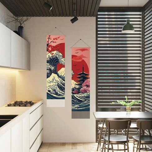 AHANDMAKER 2Pcs Japanese Ocean Sea Wave Tapestry, Asian Oriental Kanagawa Cherry Blossoms Fusion Tassel Tapestry Hanging for Bedroom Living Room Decorative Touch(45.7x13 Inch) in Saudi Arabia
