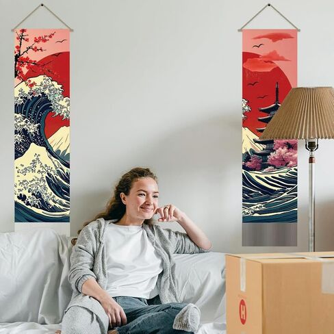 AHANDMAKER 2Pcs Japanese Ocean Sea Wave Tapestry, Asian Oriental Kanagawa Cherry Blossoms Fusion Tassel Tapestry Hanging for Bedroom Living Room Decorative Touch(45.7x13 Inch) in Saudi Arabia