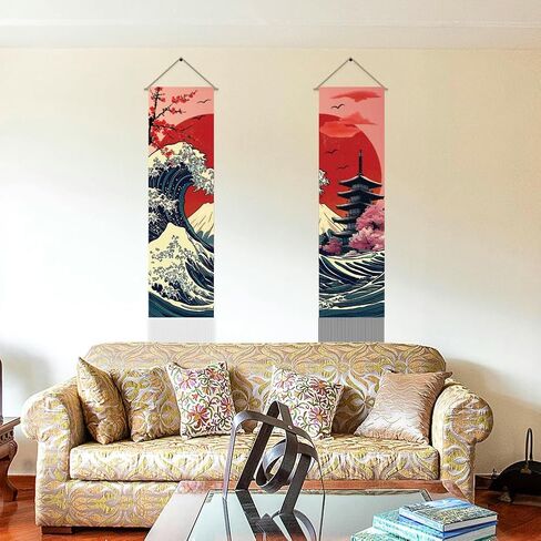 AHANDMAKER 2Pcs Japanese Ocean Sea Wave Tapestry, Asian Oriental Kanagawa Cherry Blossoms Fusion Tassel Tapestry Hanging for Bedroom Living Room Decorative Touch(45.7x13 Inch) in Saudi Arabia