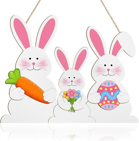 Wooden Easter Decoration Rabbit Door Wreath for Front Door Sign Wall Signs Spring Decoration, Bunny Sign Welcome Hanging for Home Wall Decor Party Outdoor indoor Supply Happy Easter in Saudi Arabia