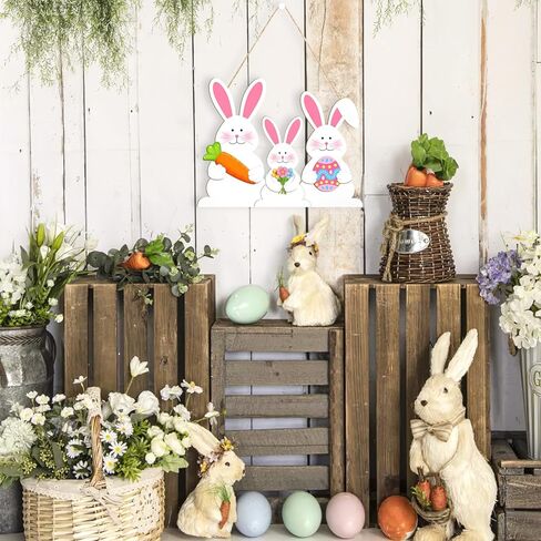 Wooden Easter Decoration Rabbit Door Wreath for Front Door Sign Wall Signs Spring Decoration, Bunny Sign Welcome Hanging for Home Wall Decor Party Outdoor indoor Supply Happy Easter in Saudi Arabia