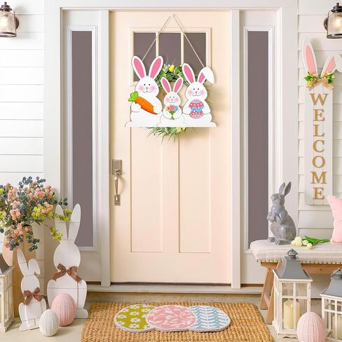 Wooden Easter Decoration Rabbit Door Wreath for Front Door Sign Wall Signs Spring Decoration, Bunny Sign Welcome Hanging for Home Wall Decor Party Outdoor indoor Supply Happy Easter in Saudi Arabia