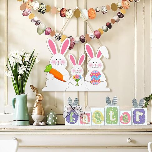 Wooden Easter Decoration Rabbit Door Wreath for Front Door Sign Wall Signs Spring Decoration, Bunny Sign Welcome Hanging for Home Wall Decor Party Outdoor indoor Supply Happy Easter in Saudi Arabia