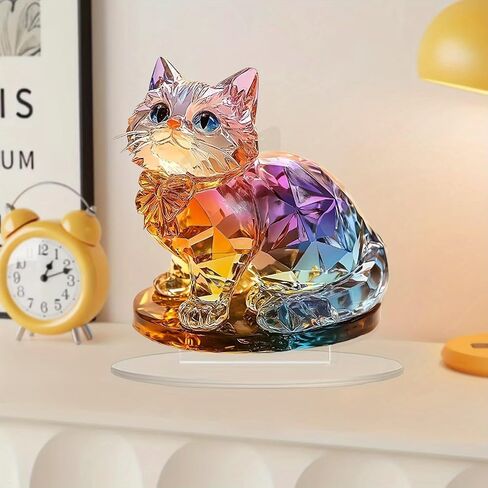Rainbow Crystal Cat Figurine Acrylic Desktop Decoration, Suitable for Home Décor in Living Room or Office. Idea Gift Choice: Halloween, Christmas, Birthday, Anniversary, Valentine's Day, Celebrations in Saudi Arabia