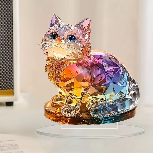 Rainbow Crystal Cat Figurine Acrylic Desktop Decoration, Suitable for Home Décor in Living Room or Office. Idea Gift Choice: Halloween, Christmas, Birthday, Anniversary, Valentine's Day, Celebrations in Saudi Arabia