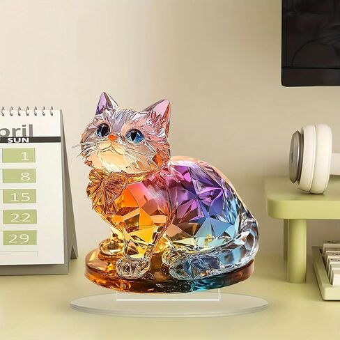 Rainbow Crystal Cat Figurine Acrylic Desktop Decoration, Suitable for Home Décor in Living Room or Office. Idea Gift Choice: Halloween, Christmas, Birthday, Anniversary, Valentine's Day, Celebrations in Saudi Arabia