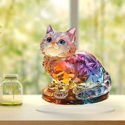 Rainbow Crystal Cat Figurine Acrylic Desktop Decoration, Suitable for Home Décor in Living Room or Office. Idea Gift Choice: Halloween, Christmas, Birthday, Anniversary, Valentine's Day, Celebrations in Saudi Arabia