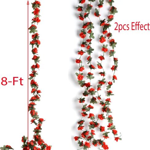 2 حزمة من زهور إكليل الزهور الاصطناعية المزيفة من زهور إكليل الورد الاصطناعية لتزيين أكاليل الزهور - إجمالي 16 قدم (أحمر، 2) in Kuwait