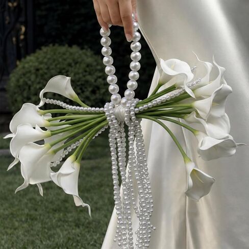 Yinder 14 Pcs Calla Lily Bridal Bouquet with Pearl Handle, Bridal Pearly Wedding Bouquet with Flowers with Pearl Bead for Wedding Marriage Party Church Bridesmaid in Saudi Arabia