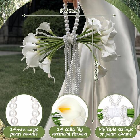 Yinder 14 Pcs Calla Lily Bridal Bouquet with Pearl Handle, Bridal Pearly Wedding Bouquet with Flowers with Pearl Bead for Wedding Marriage Party Church Bridesmaid in Saudi Arabia