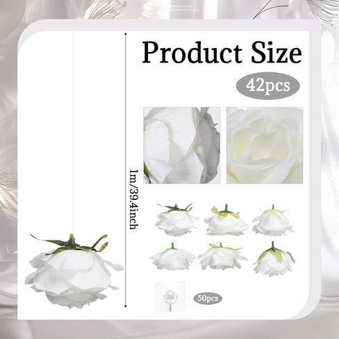 42 Pcs 3.28 ft White Rose Flower Garland Hanging Artificial Wedding Flowers Ceiling Vine Decor Fake Floating Floral Garlands with Hooks for Wall Wedding Backdrop Bachelorette Bridal Shower Party in Saudi Arabia