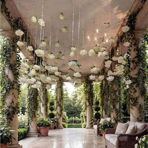 42 Pcs 3.28 ft White Rose Flower Garland Hanging Artificial Wedding Flowers Ceiling Vine Decor Fake Floating Floral Garlands with Hooks for Wall Wedding Backdrop Bachelorette Bridal Shower Party in Saudi Arabia