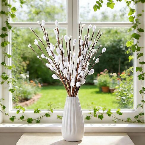 ToBeIT Artificial Pussy Willow Branches 13" White Faux Willow Twigs with Buds, Decorative Floral Stems for Vase fillers, Home Decor, Wedding, Party and Spring Easter Decorations(White) in Kuwait