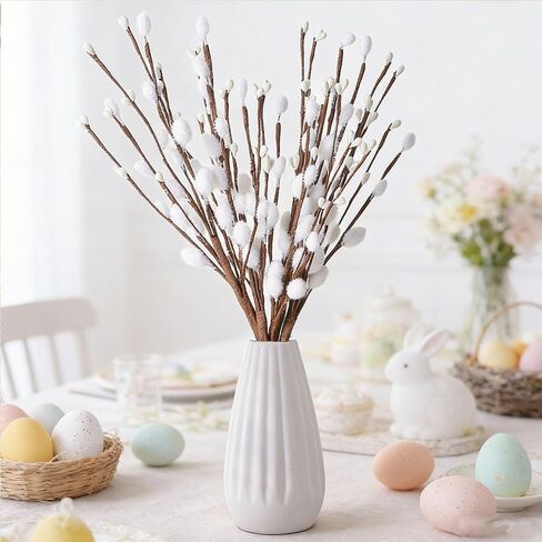 ToBeIT Artificial Pussy Willow Branches 13" White Faux Willow Twigs with Buds, Decorative Floral Stems for Vase fillers, Home Decor, Wedding, Party and Spring Easter Decorations(White) in Kuwait