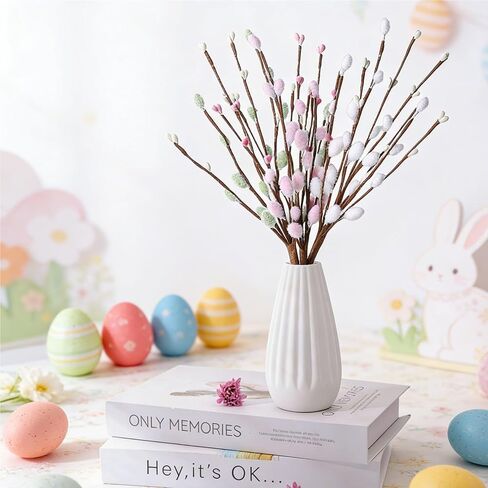 ToBeIT Artificial Pussy Willow Branches 13" White Faux Willow Twigs with Buds, Decorative Floral Stems for Vase fillers, Home Decor, Wedding, Party and Spring Easter Decorations(White) in Kuwait