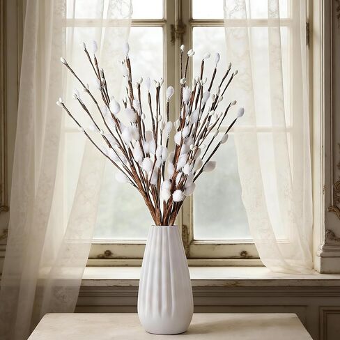 ToBeIT Artificial Pussy Willow Branches 13" White Faux Willow Twigs with Buds, Decorative Floral Stems for Vase fillers, Home Decor, Wedding, Party and Spring Easter Decorations(White) in Kuwait