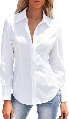 Women's Button Down Shirts Collared Fitted Dress Shirts Long Sleeve Wrinkle Free Blouse Formal Office Work Tunic Tops in Saudi Arabia