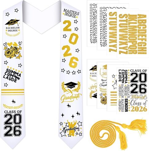 Dreamtop Graduation Stole Class of 2026 - Plain Graduation Sash with 8Pcs Personalized Decals Heat Transfer & A Honor Cords, Iron-On White Sublimation Stole for Unisex Adults in Kuwait