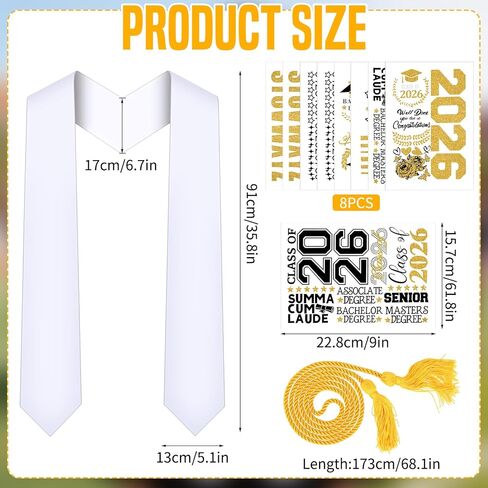 Dreamtop Graduation Stole Class of 2026 - Plain Graduation Sash with 8Pcs Personalized Decals Heat Transfer & A Honor Cords, Iron-On White Sublimation Stole for Unisex Adults in Kuwait
