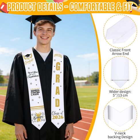 Dreamtop Graduation Stole Class of 2026 - Plain Graduation Sash with 8Pcs Personalized Decals Heat Transfer & A Honor Cords, Iron-On White Sublimation Stole for Unisex Adults in Kuwait