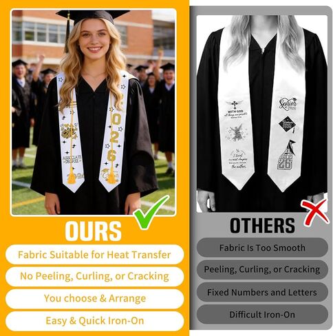 Dreamtop Graduation Stole Class of 2026 - Plain Graduation Sash with 8Pcs Personalized Decals Heat Transfer & A Honor Cords, Iron-On White Sublimation Stole for Unisex Adults in Kuwait