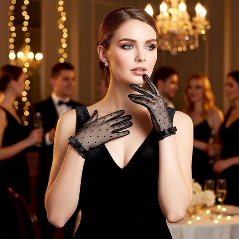Black Mesh Lace Bow Gloves Gothic Bow Vintage Short Tulle Sheer Gloves Y2k Lolita Vintage Costume Accessories for Women Wedding Tea Party Opera Evening in Saudi Arabia