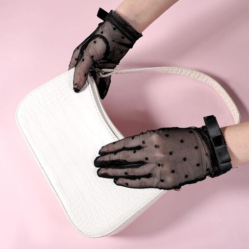 Black Mesh Lace Bow Gloves Gothic Bow Vintage Short Tulle Sheer Gloves Y2k Lolita Vintage Costume Accessories for Women Wedding Tea Party Opera Evening in Saudi Arabia