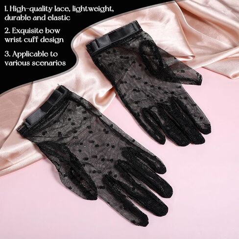Black Mesh Lace Bow Gloves Gothic Bow Vintage Short Tulle Sheer Gloves Y2k Lolita Vintage Costume Accessories for Women Wedding Tea Party Opera Evening in Saudi Arabia