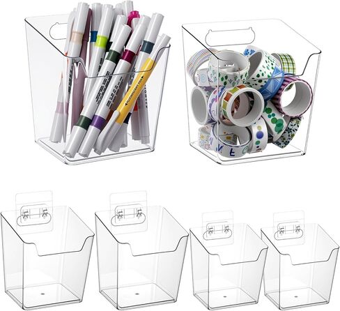 6 Pcs Clear Adhesive Wall Storage Bins, Small Cabinet Door Organizer Holders, Hanging Wall Mount Pockets, Plastic Cups for Shower Bathroom Makeup Office Craft Remote Kitchen Sink RV Organization in Kuwait