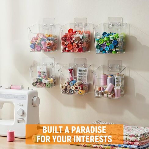 6 Pcs Clear Adhesive Wall Storage Bins, Small Cabinet Door Organizer Holders, Hanging Wall Mount Pockets, Plastic Cups for Shower Bathroom Makeup Office Craft Remote Kitchen Sink RV Organization in Kuwait