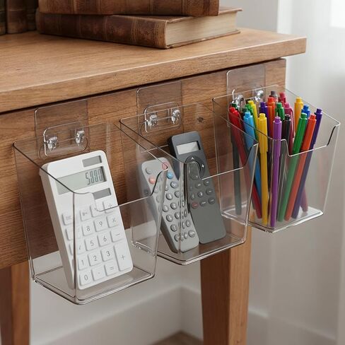 6 Pcs Clear Adhesive Wall Storage Bins, Small Cabinet Door Organizer Holders, Hanging Wall Mount Pockets, Plastic Cups for Shower Bathroom Makeup Office Craft Remote Kitchen Sink RV Organization in Kuwait