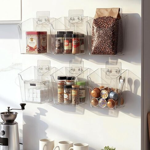 6 Pcs Clear Adhesive Wall Storage Bins, Small Cabinet Door Organizer Holders, Hanging Wall Mount Pockets, Plastic Cups for Shower Bathroom Makeup Office Craft Remote Kitchen Sink RV Organization in Kuwait