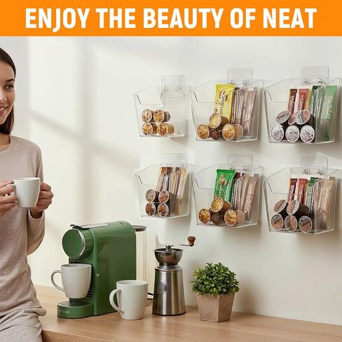 6 Pcs Clear Adhesive Wall Storage Bins, Small Cabinet Door Organizer Holders, Hanging Wall Mount Pockets, Plastic Cups for Shower Bathroom Makeup Office Craft Remote Kitchen Sink RV Organization in Kuwait