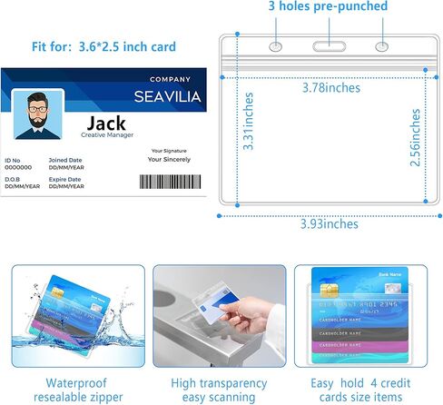حامل شارة SEAVILIA 20 حزمة، حامل هوية شفاف مقاوم للماء مع سحاب قابل للإغلاق، حامل بطاقة اسم أفقي 4.1 بوصة × 3.3 بوصة للممرضات والمكتب، يناسب بطاقة الهوية/بطاقة الائتمان/بطاقة الطالب in Kuwait