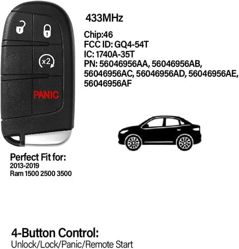 Replacement for 2013 2014 2015 2016 2017 2018 2019 Dodge Ram 1500 2500 3500 Key Fob Remote Control GQ4-54T 4 Buttons 433MHz in Saudi Arabia