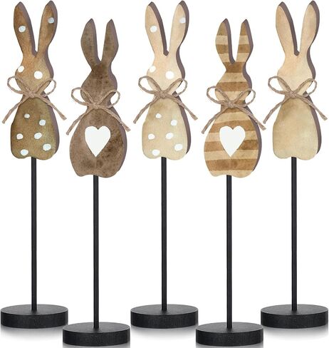 5 Pieces Easter Table Decorations Wooden Bunny Table Sign Vintage Rabbit Tall Standing Tabletop Decor Rustic Easter Block Centerpiece for Spring Party Farmhouse Freestanding Home Office in Kuwait