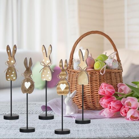 5 Pieces Easter Table Decorations Wooden Bunny Table Sign Vintage Rabbit Tall Standing Tabletop Decor Rustic Easter Block Centerpiece for Spring Party Farmhouse Freestanding Home Office in Kuwait