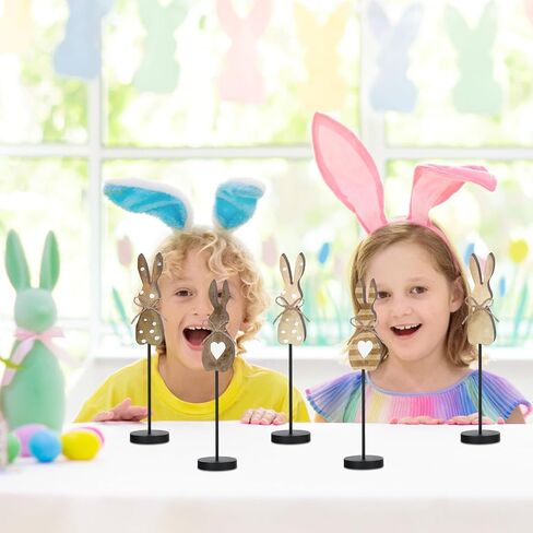 5 Pieces Easter Table Decorations Wooden Bunny Table Sign Vintage Rabbit Tall Standing Tabletop Decor Rustic Easter Block Centerpiece for Spring Party Farmhouse Freestanding Home Office in Kuwait