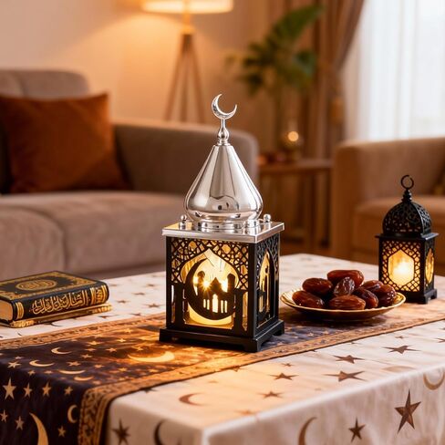 11.4" Metal Ramadan Lantern Lights with Music, Silver Black Mosque Moon Lamp Decorative Candle Holder Table Centerpieces Decor, Eid Mubarak Decorations for Home Mantel, Islamic Muslim Gift in Saudi Arabia
