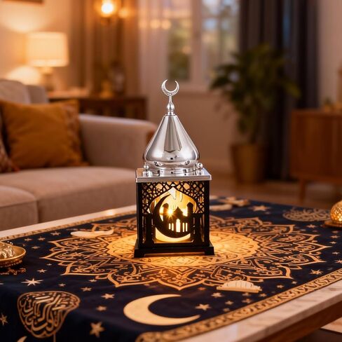 11.4" Metal Ramadan Lantern Lights with Music, Silver Black Mosque Moon Lamp Decorative Candle Holder Table Centerpieces Decor, Eid Mubarak Decorations for Home Mantel, Islamic Muslim Gift in Saudi Arabia