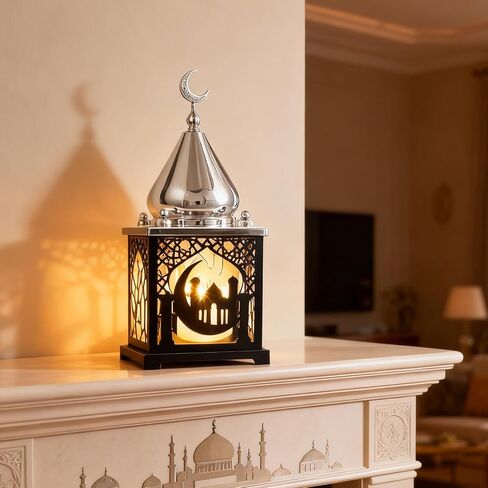 11.4" Metal Ramadan Lantern Lights with Music, Silver Black Mosque Moon Lamp Decorative Candle Holder Table Centerpieces Decor, Eid Mubarak Decorations for Home Mantel, Islamic Muslim Gift in Saudi Arabia