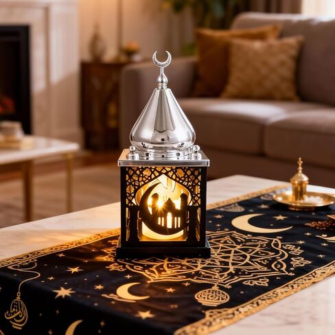11.4" Metal Ramadan Lantern Lights with Music, Silver Black Mosque Moon Lamp Decorative Candle Holder Table Centerpieces Decor, Eid Mubarak Decorations for Home Mantel, Islamic Muslim Gift in Saudi Arabia