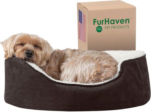 Furhaven Orthopedic Dog Bed for Large/Medium Dogs w/ Removable Washable Cover, For Dogs Up to 30 lbs - Sherpa & Suede Oval Lounger - Clay, Large in Saudi Arabia