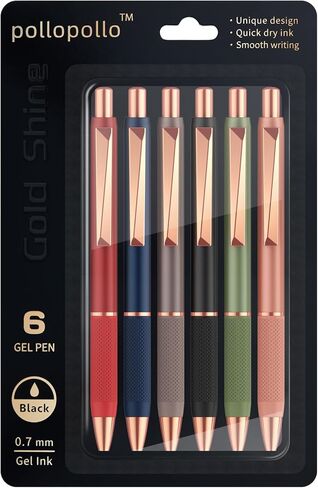 pollopollo Gel Pens, 6-Pack Retractable Click Pens 0.7mm Medium Point Black Ink with Textured Grip, Writing Pens for Office School (Gold Shine) in Saudi Arabia