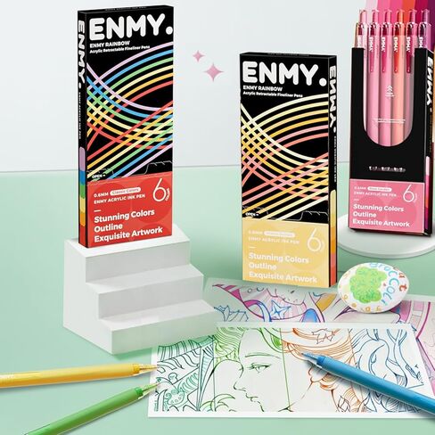 ENMY Acrylic Fineliner Pen, 6Pcs Aesthetic Colors 0.6mm Fine Point Retractable Markers, Colorful Drawing Pen for Journaling, Outlining, Sketch, Note-Taking, Smooth Art Pens for Adults & Kids in Saudi Arabia