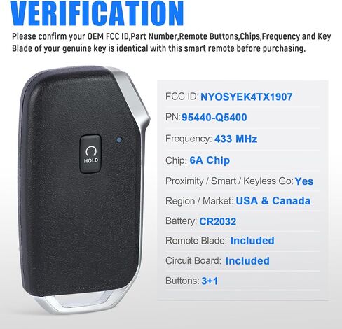 Keyless-Go Smart Remote Key Fob Replacement for Kia Seltos 2021 95440-Q5400 NYOSYEK4TX1907 4 Button 433MHz in Saudi Arabia