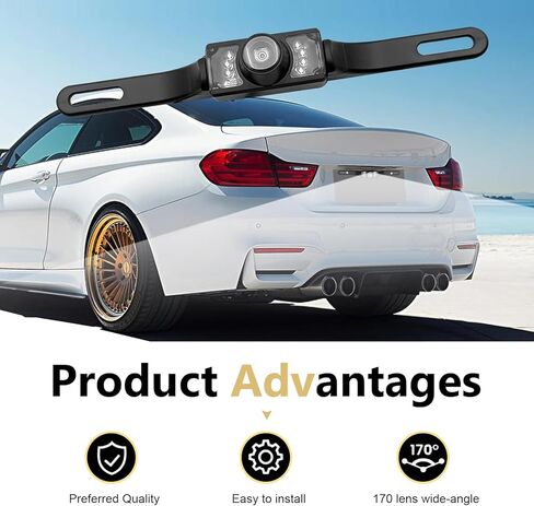 1PC Backup Camera for Car, 170 Degrees Wide Angle HD Video with Night Vision, Waterproof Reversing Parking Camera, Universal for Most Cars (Black) in Kuwait