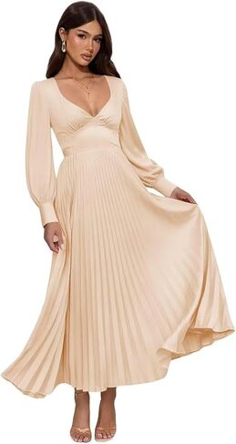 Long Sleeve Satin Bridesmaid Dresses A Line - V Neck Formal Evening Gown for Women in Saudi Arabia