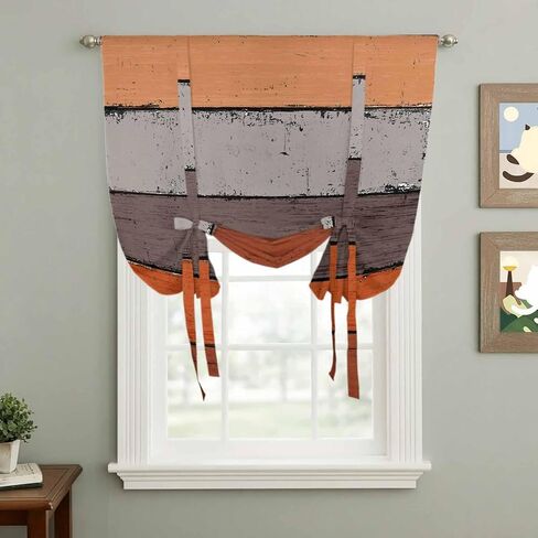 Burnt Orange Grey Tie Up Curtains for Window, Vintage Stripe Farmhouse Wood Grain Thermal Insulated Balloon Shade Adjustable Rod Pocket Curtains Valance Panels for Kitchen Bathroom Café 42'' x 45'' in Kuwait