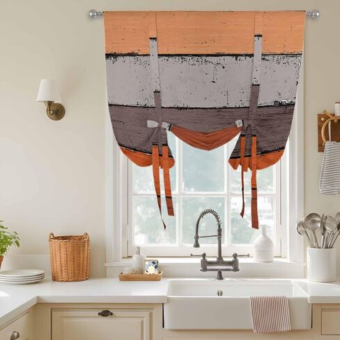 Burnt Orange Grey Tie Up Curtains for Window, Vintage Stripe Farmhouse Wood Grain Thermal Insulated Balloon Shade Adjustable Rod Pocket Curtains Valance Panels for Kitchen Bathroom Café 42'' x 45'' in Kuwait